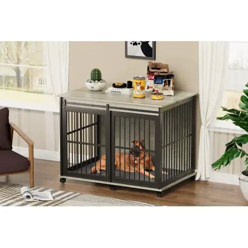 Iron and Wood Dog Crate End Table