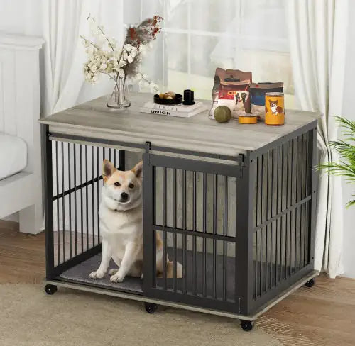 Iron and Wood Dog Crate End Table