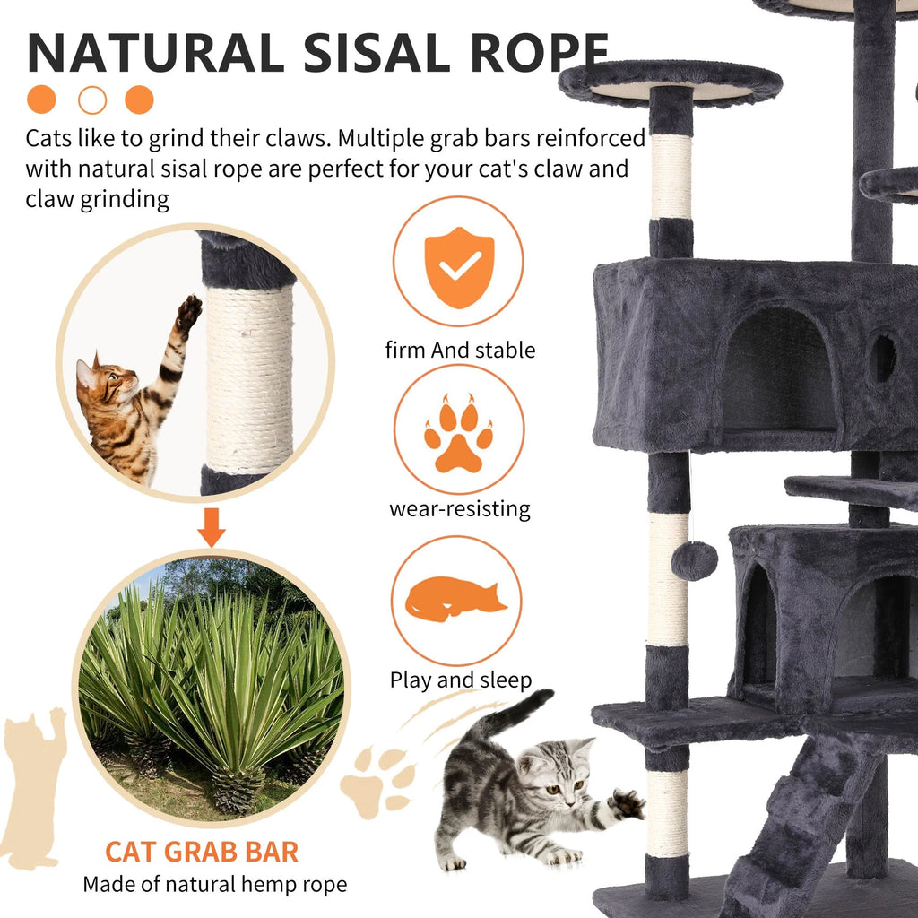 Ultimate 54-Inch Double Condo Cat Tree Tower with Scratching Post & Cozy Perch for Indoor Cats - Stylish Ashy Design