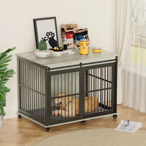 Iron and Wood Dog Crate End Table