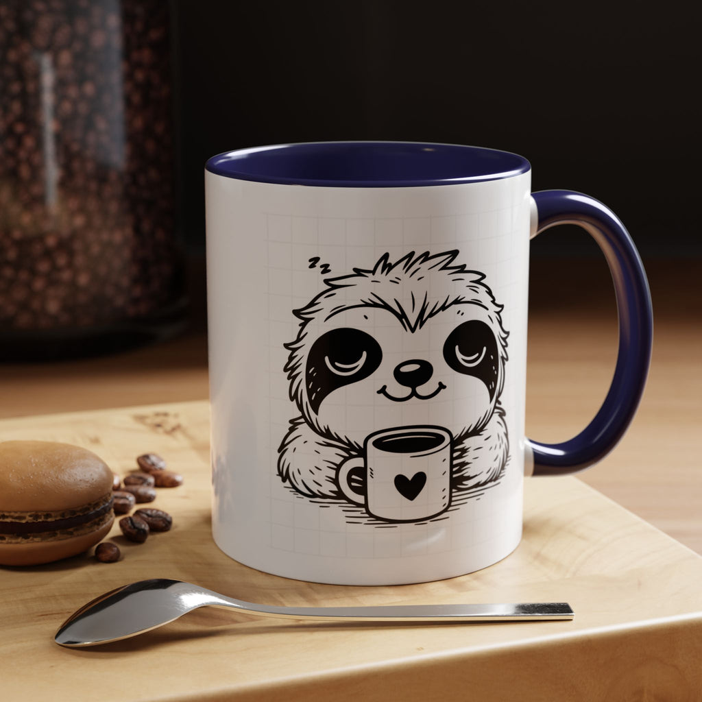Cute Sloth Coffee Mug (Accent, 11/15oz) — Adorable Cartoon Sloth Holding Coffee Cup