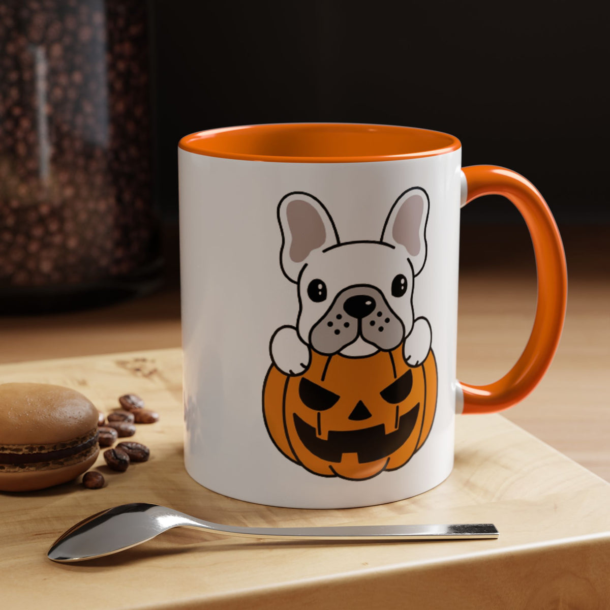 French Bulldog Halloween Coffee Mug – Cute Pup Peeking from Jack-o'-Lantern Accent Mug (11/15oz)