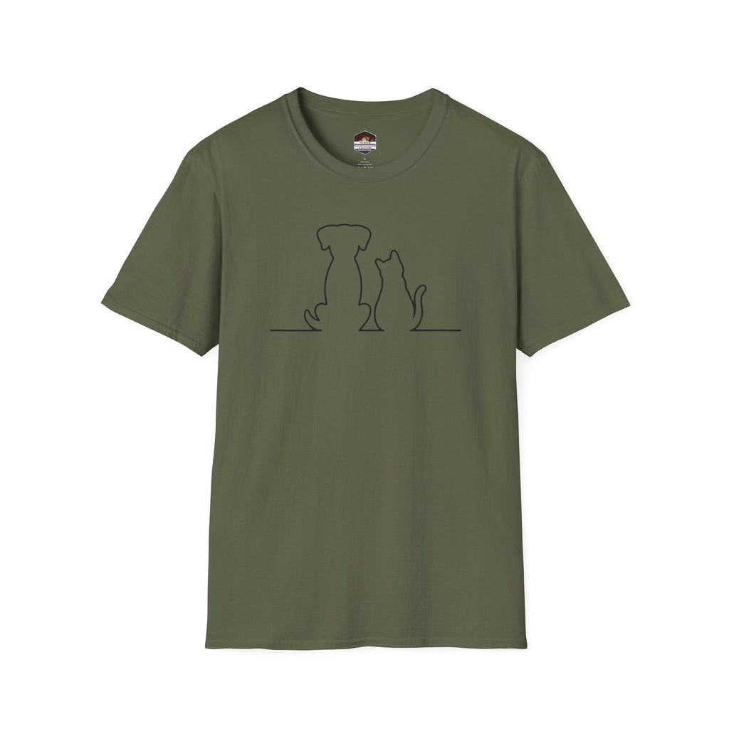 Dog and Cat Line Art T‑Shirt — Minimal Pet Silhouette Tee