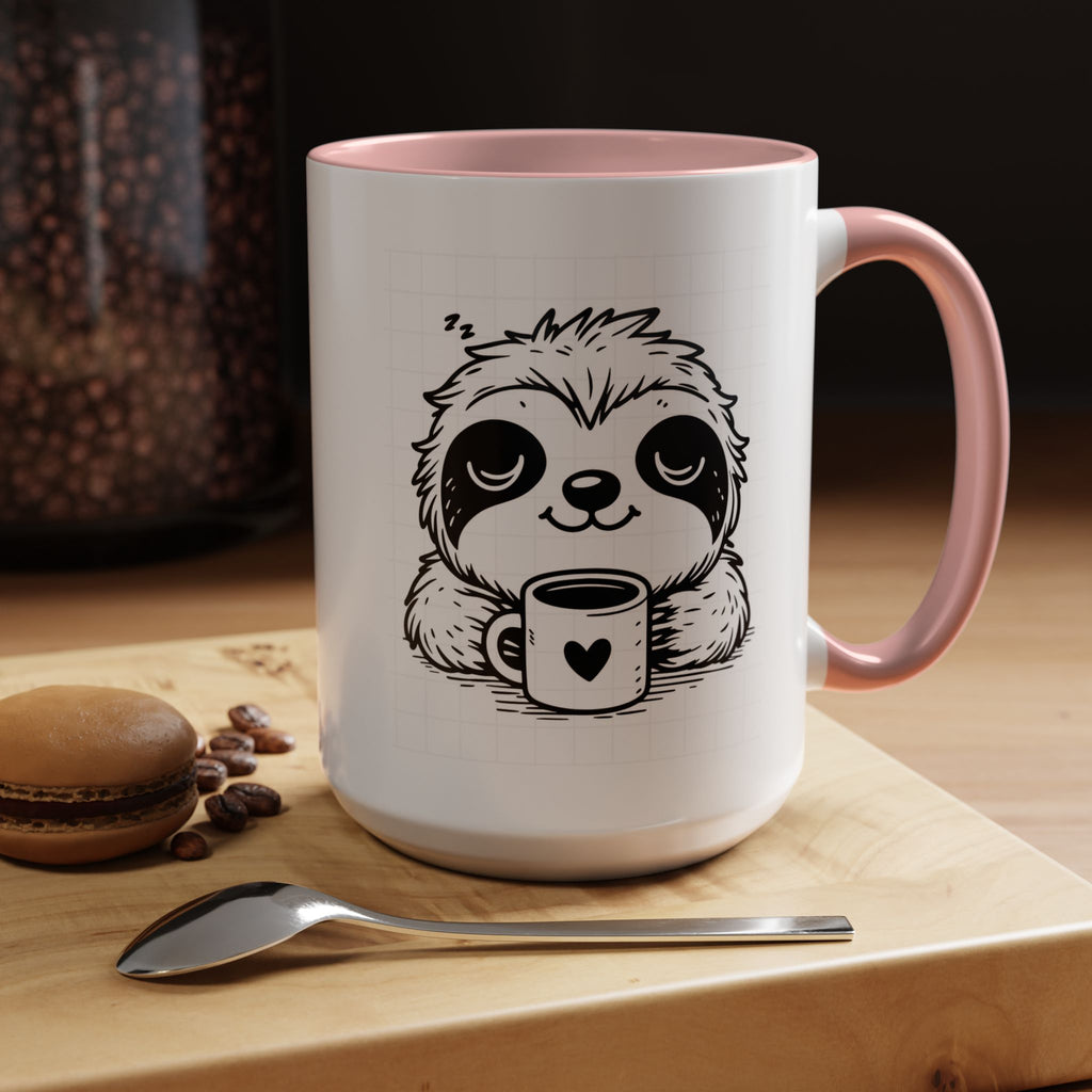 Cute Sloth Coffee Mug (Accent, 11/15oz) — Adorable Cartoon Sloth Holding Coffee Cup