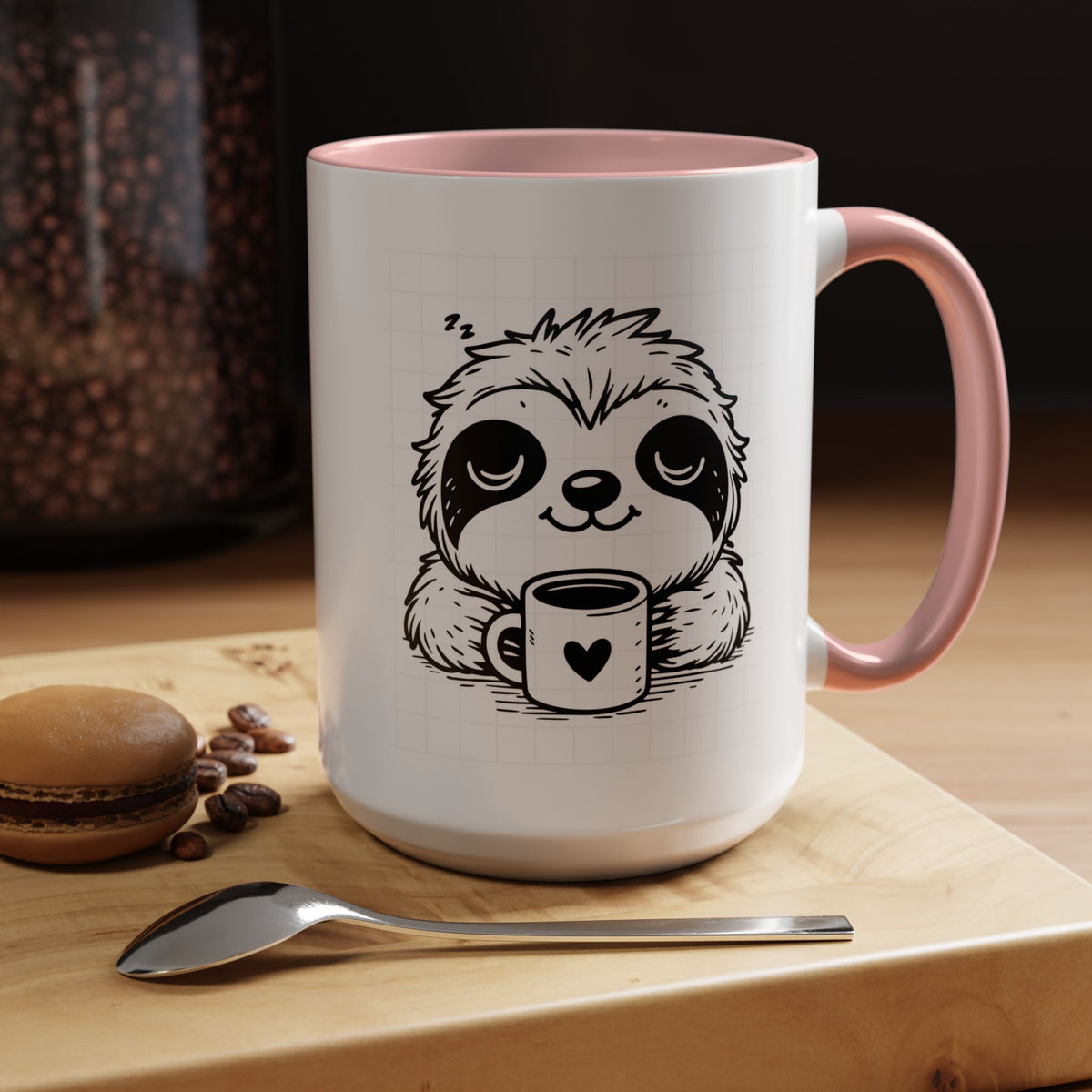 Cute Sloth Coffee Mug (Accent, 11/15oz) — Adorable Cartoon Sloth Holding Coffee Cup