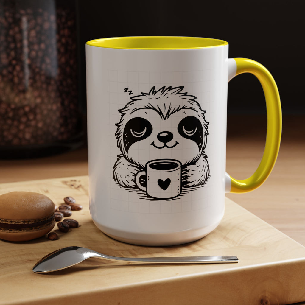 Cute Sloth Coffee Mug (Accent, 11/15oz) — Adorable Cartoon Sloth Holding Coffee Cup