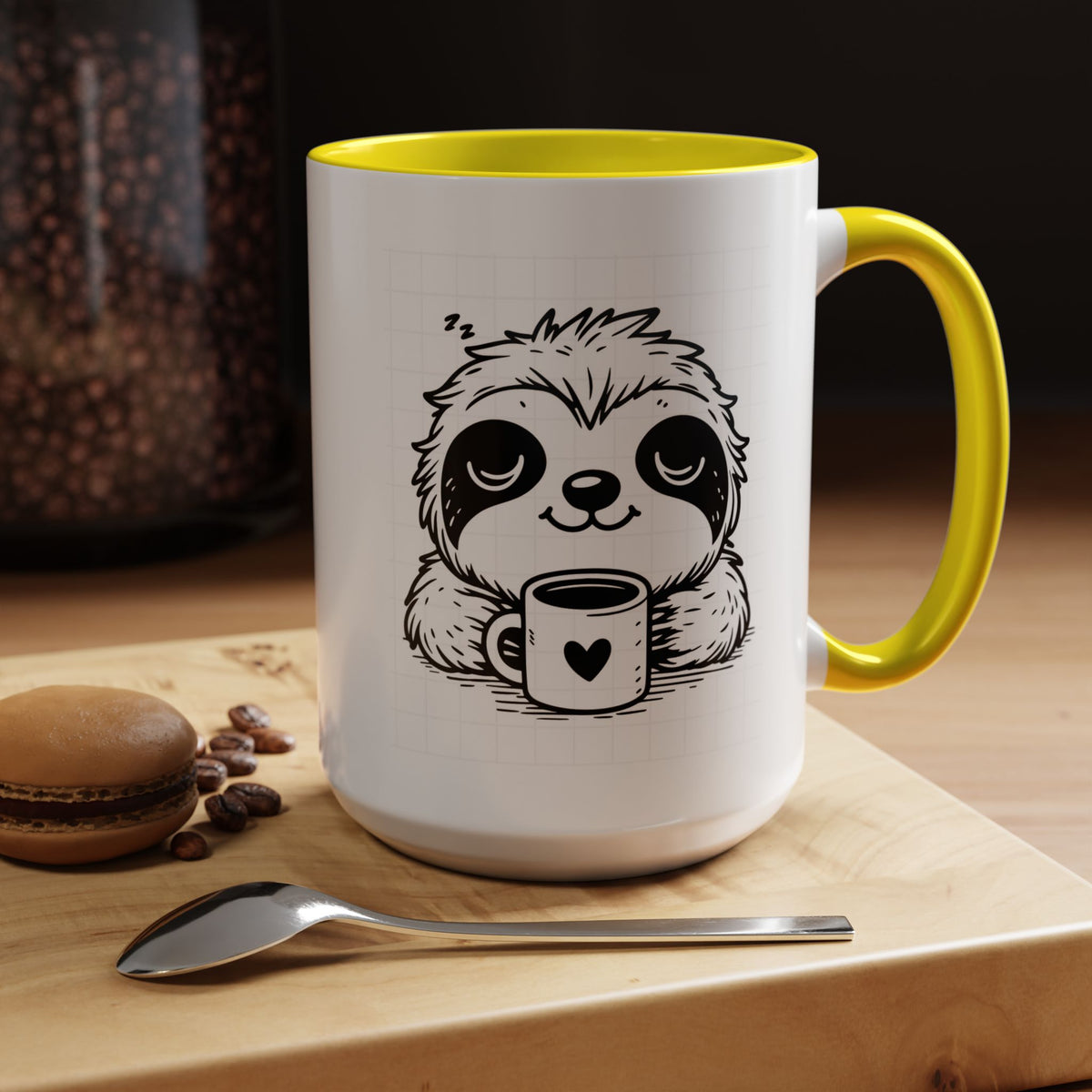 Cute Sloth Coffee Mug (Accent, 11/15oz) — Adorable Cartoon Sloth Holding Coffee Cup