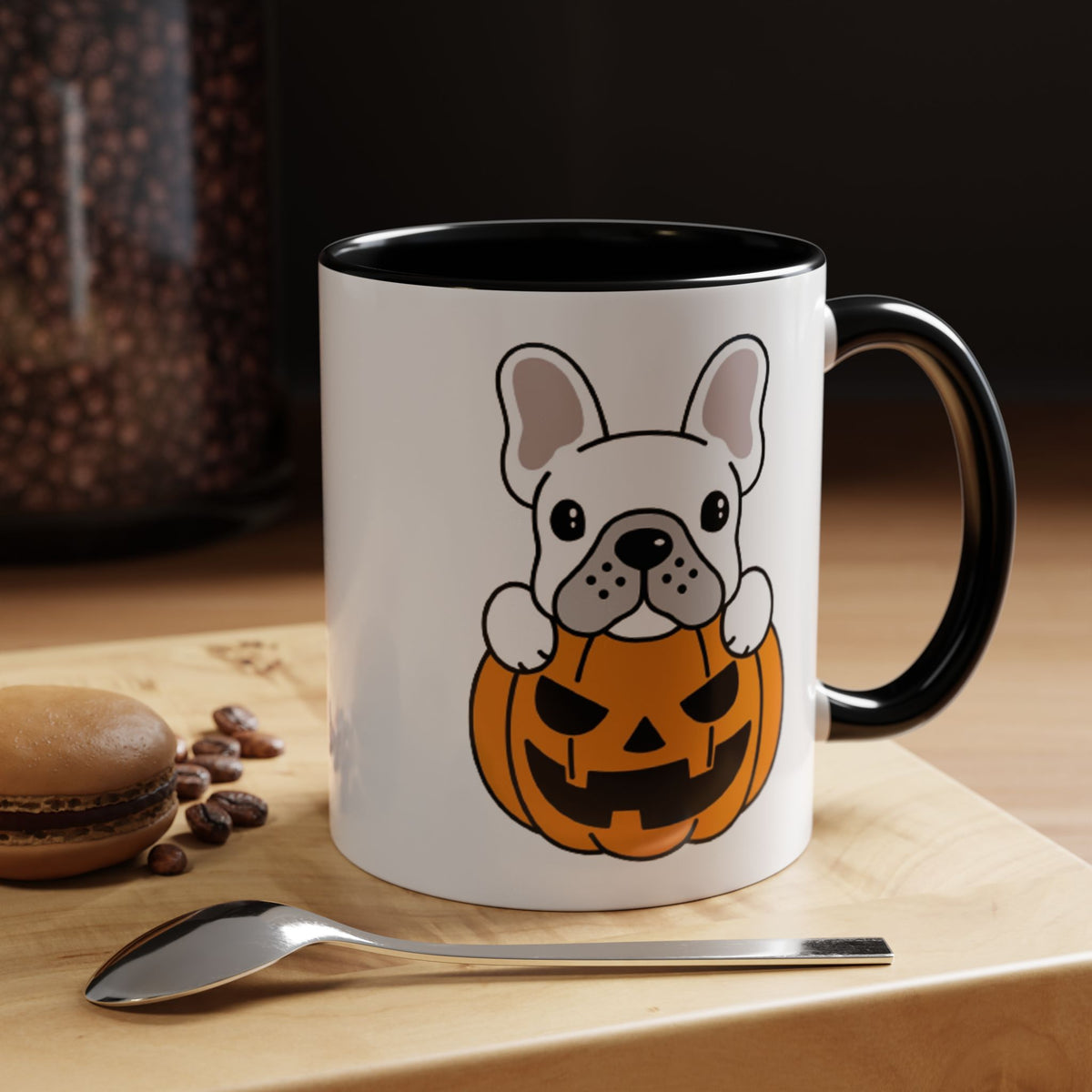 French Bulldog Halloween Coffee Mug – Cute Pup Peeking from Jack-o'-Lantern Accent Mug (11/15oz)