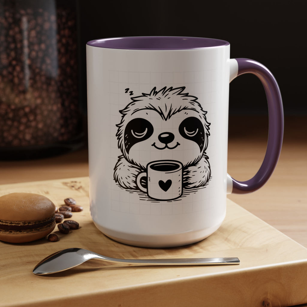 Cute Sloth Coffee Mug (Accent, 11/15oz) — Adorable Cartoon Sloth Holding Coffee Cup