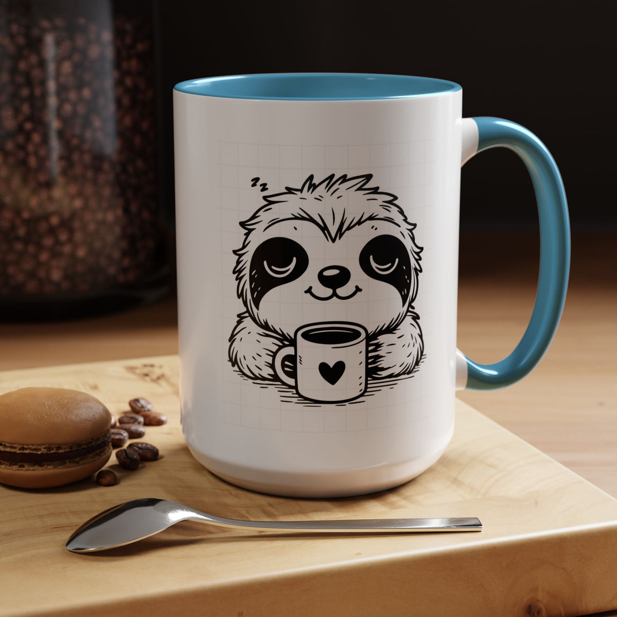 Cute Sloth Coffee Mug (Accent, 11/15oz) — Adorable Cartoon Sloth Holding Coffee Cup