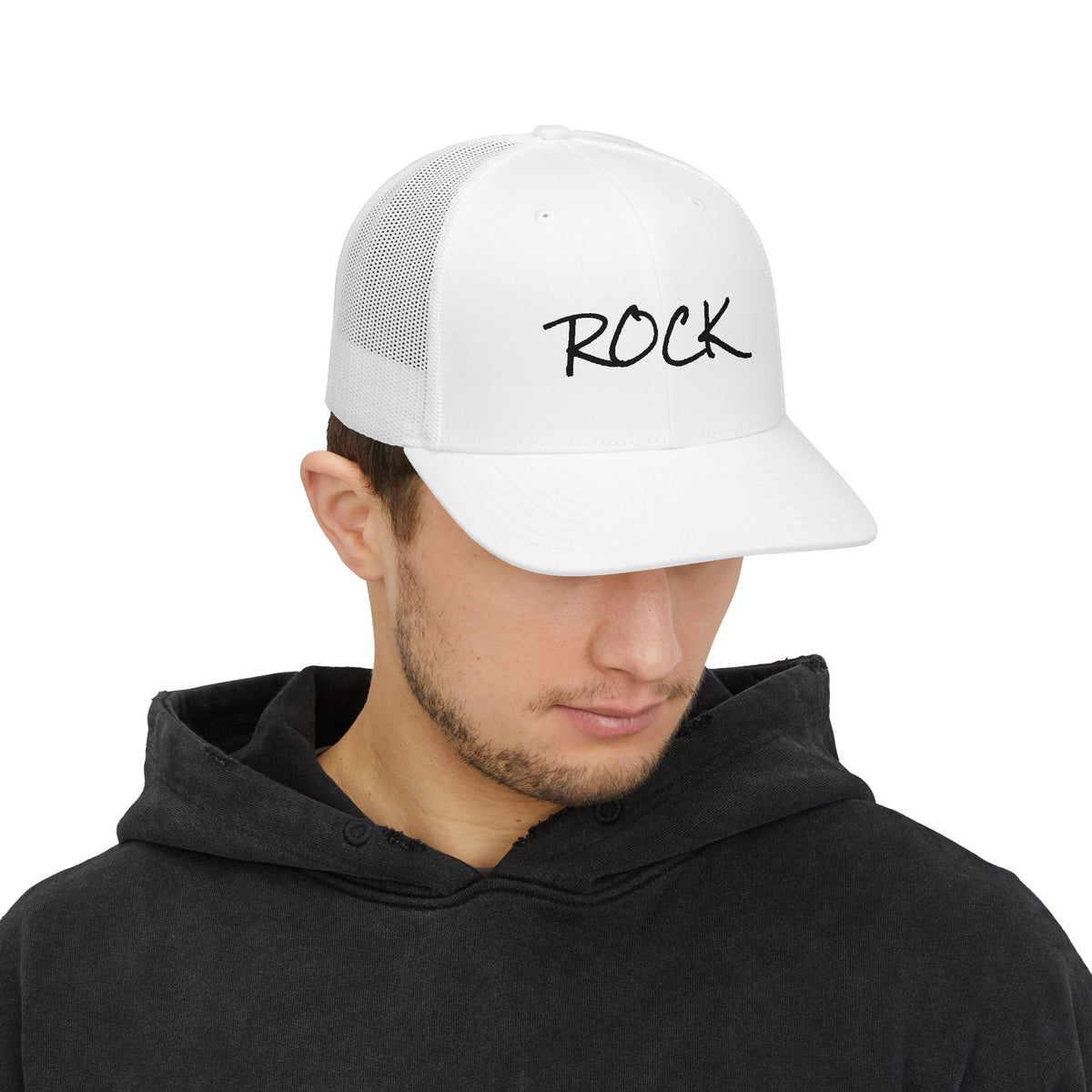 Rock Snapback Trucker Cap — White Mesh Baseball Hat