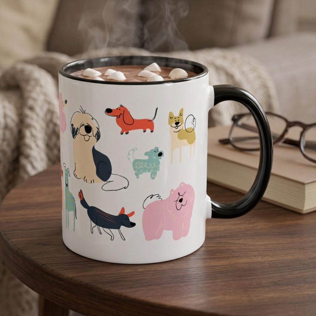 Dog Pattern Accent Coffee Mug — Cute Colorful Dog Breed Illustration (11/15 oz)