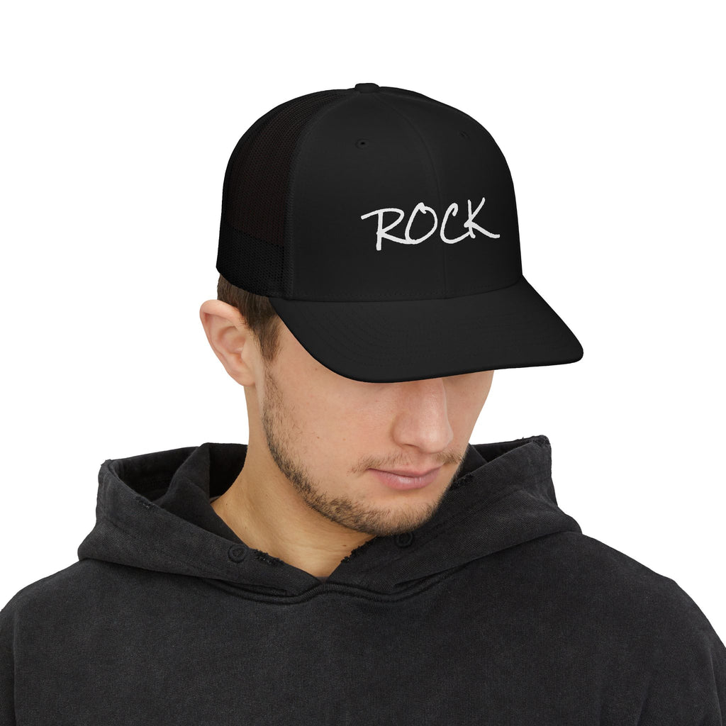Rock Snapback Trucker Cap — White Mesh Baseball Hat