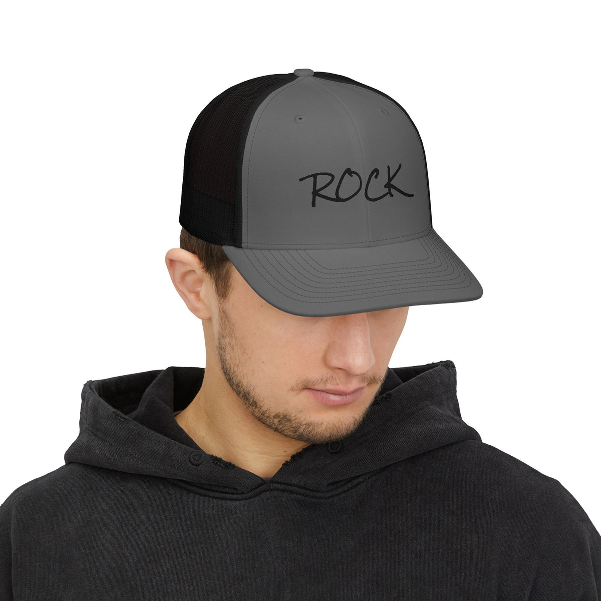 Rock Snapback Trucker Cap — White Mesh Baseball Hat