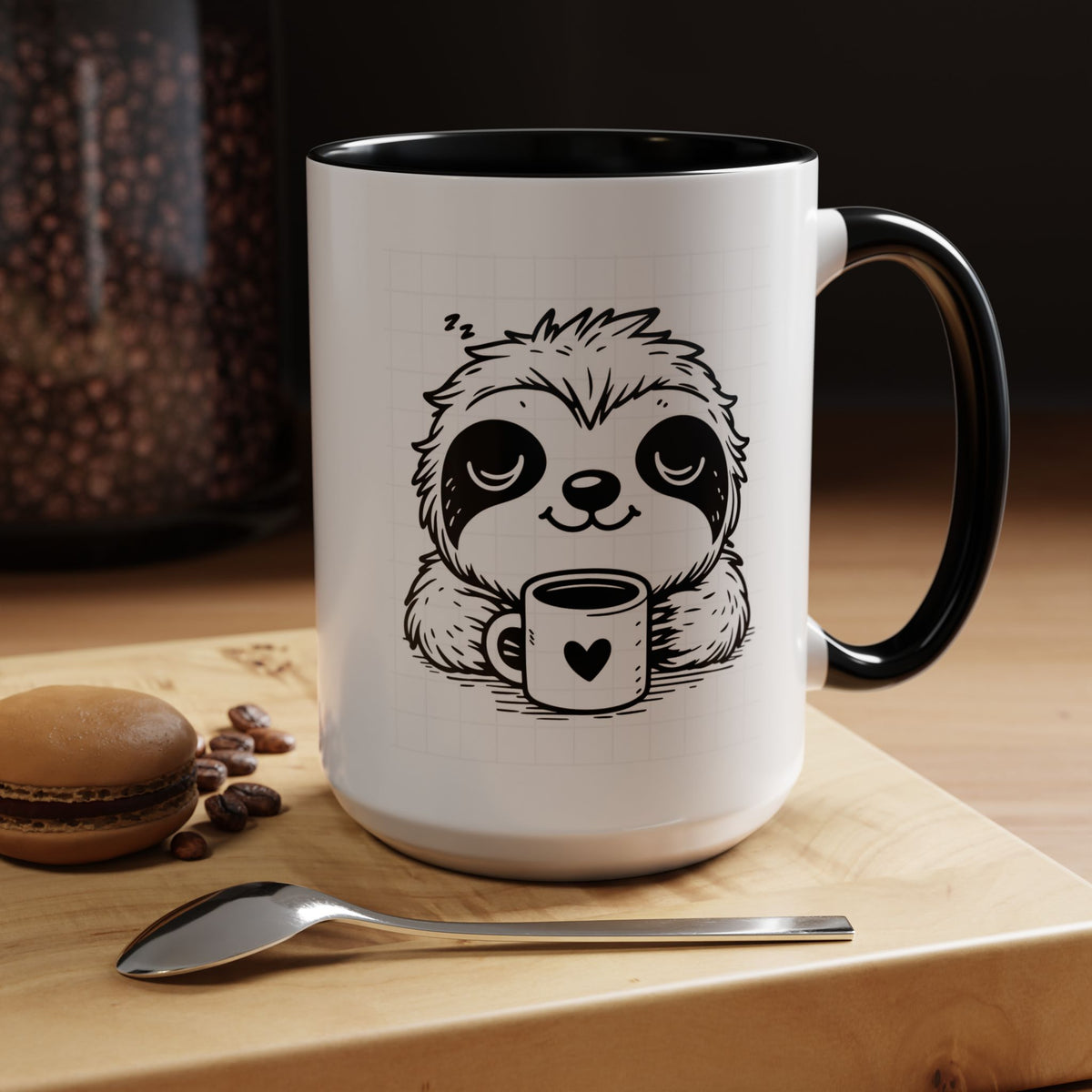 Cute Sloth Coffee Mug (Accent, 11/15oz) — Adorable Cartoon Sloth Holding Coffee Cup