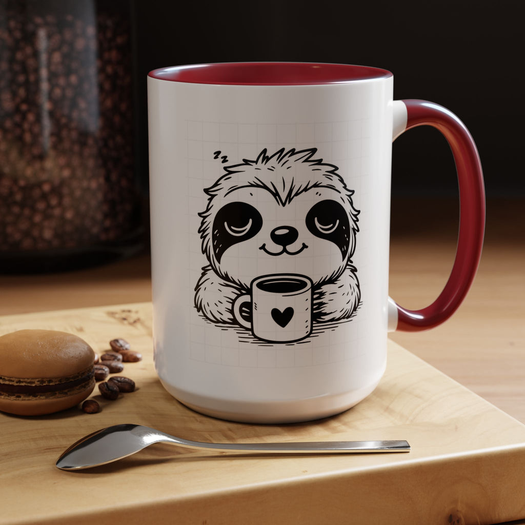Cute Sloth Coffee Mug (Accent, 11/15oz) — Adorable Cartoon Sloth Holding Coffee Cup