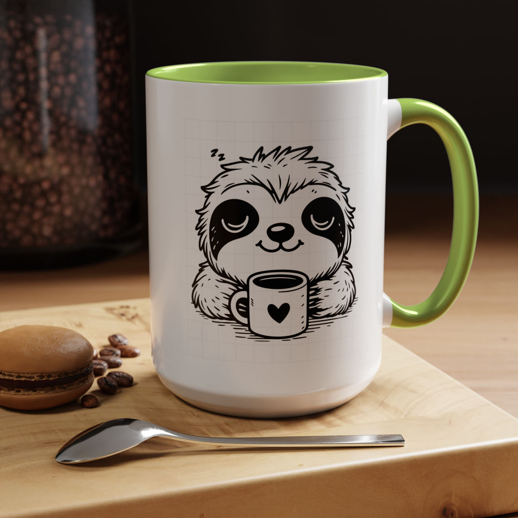 Cute Sloth Coffee Mug (Accent, 11/15oz) — Adorable Cartoon Sloth Holding Coffee Cup