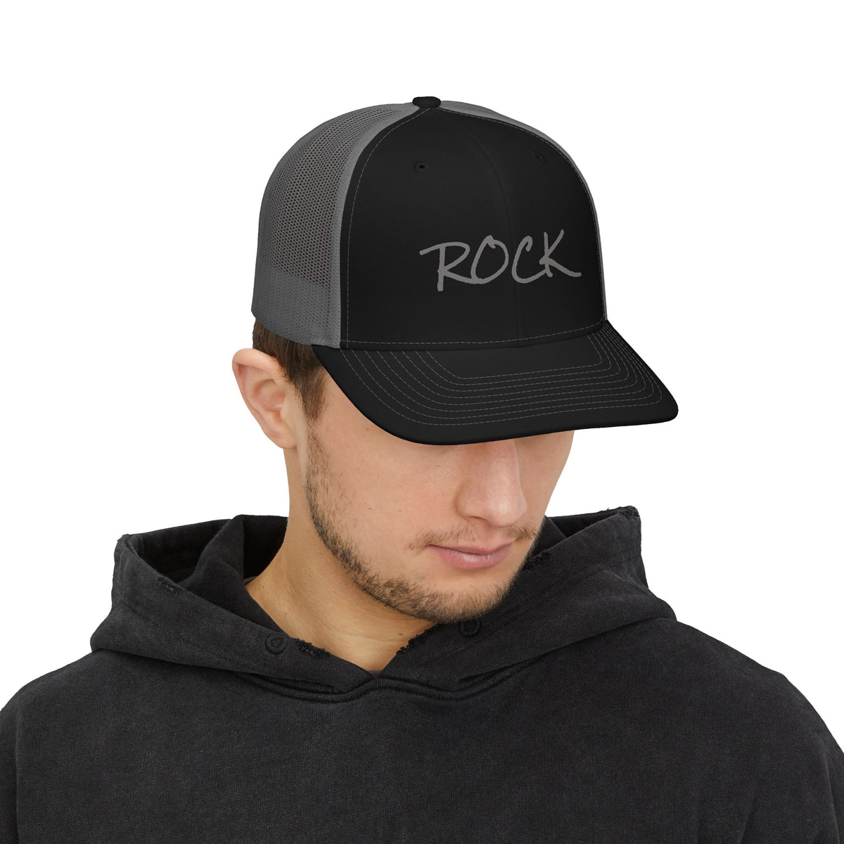 Rock Snapback Trucker Cap — White Mesh Baseball Hat