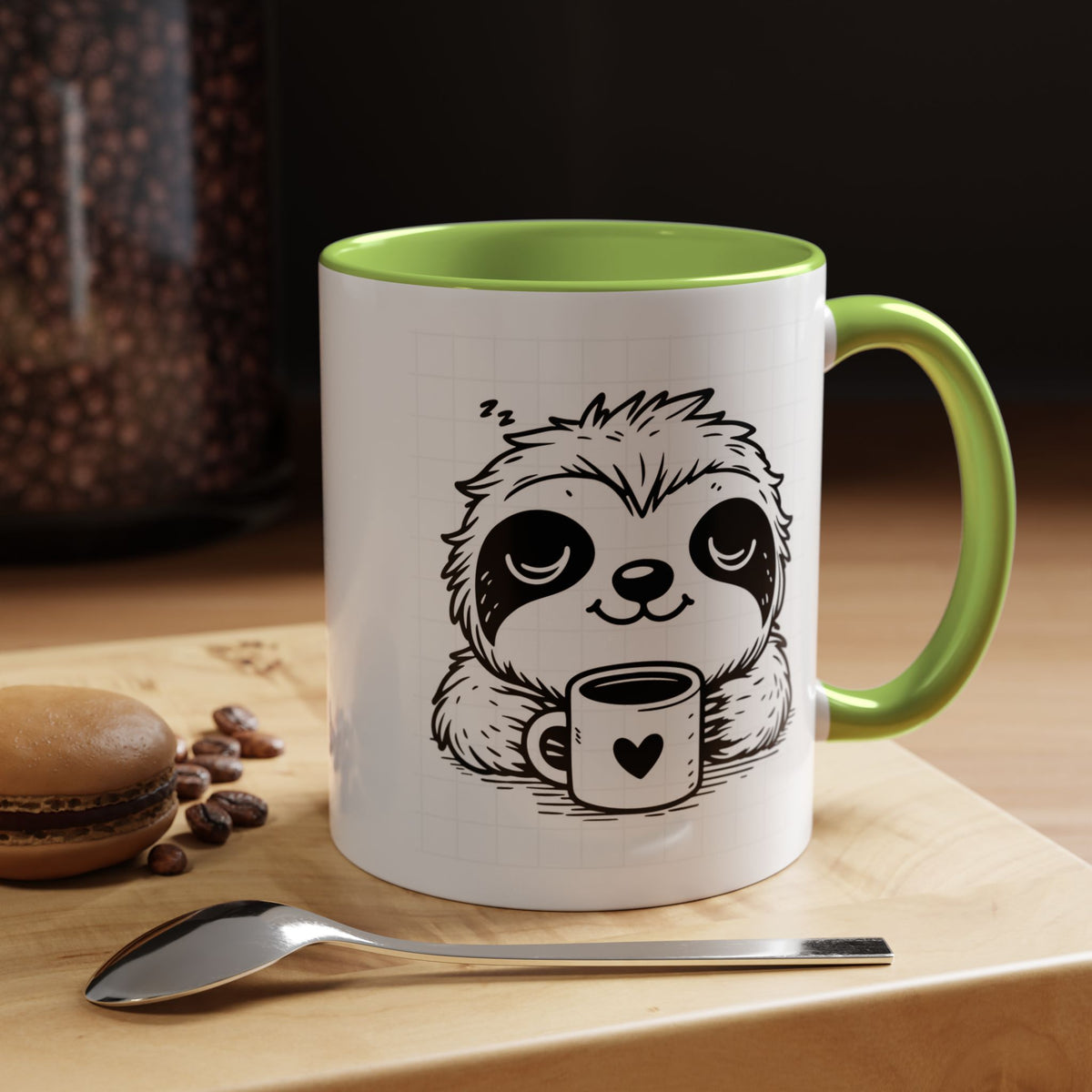Cute Sloth Coffee Mug (Accent, 11/15oz) — Adorable Cartoon Sloth Holding Coffee Cup