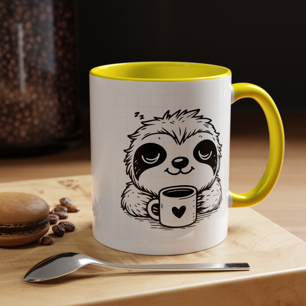 Cute Sloth Coffee Mug (Accent, 11/15oz) — Adorable Cartoon Sloth Holding Coffee Cup