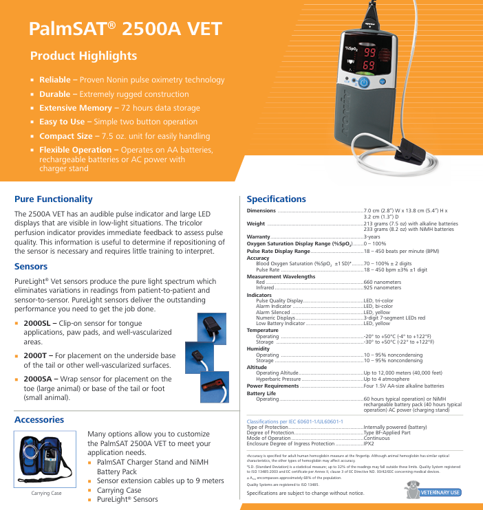 NONIN PalmSAT 2500A Vet HandHeld Pulse Oximeter